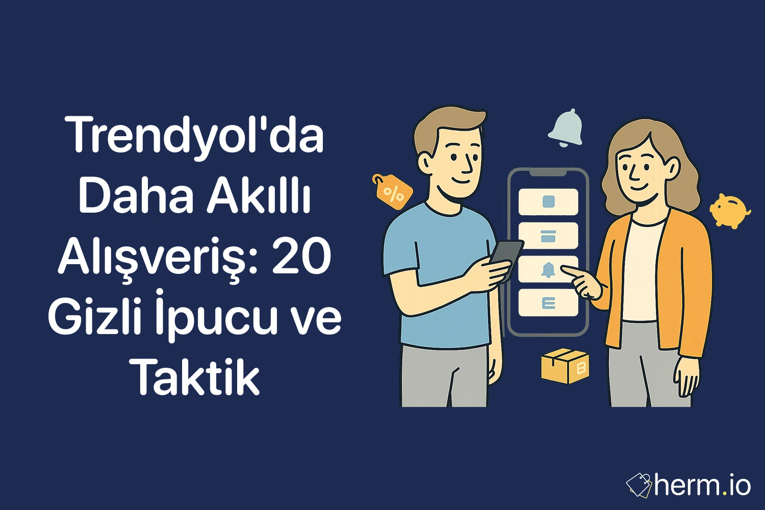 Trendyol’da daha akıllı alışveriş için 20 gizli ipucu ve taktik: iki kişi Trendyol mobil uygulamasında indirim, bildirim ve kargo ikonlarıyla tasarruf rehberi.