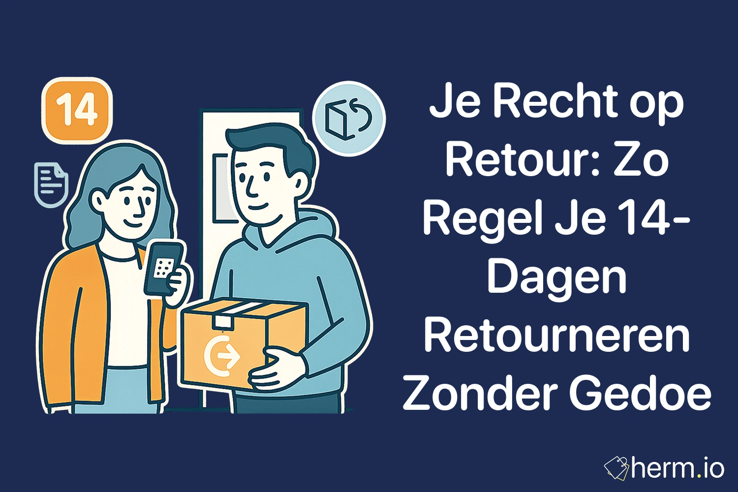 Illustratie van klant die online bestelling retourneert binnen 14 dagen, met pakket en smartphone.