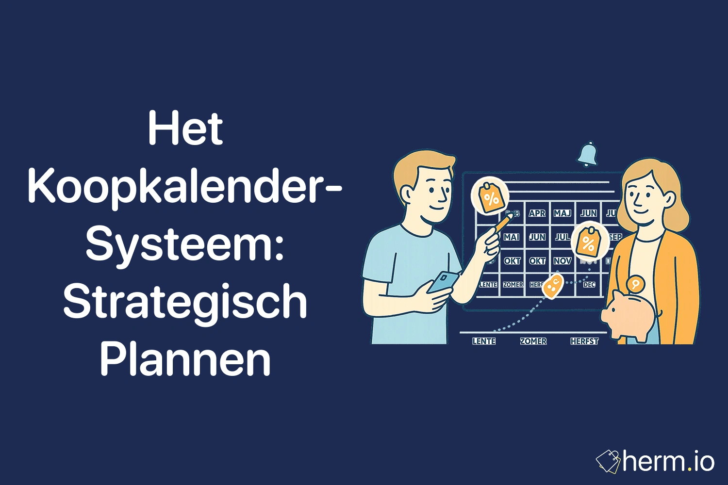 Illustratie van koppel dat kortingsmomenten plant op koopkalender met seizoenen en kortingsicoon.