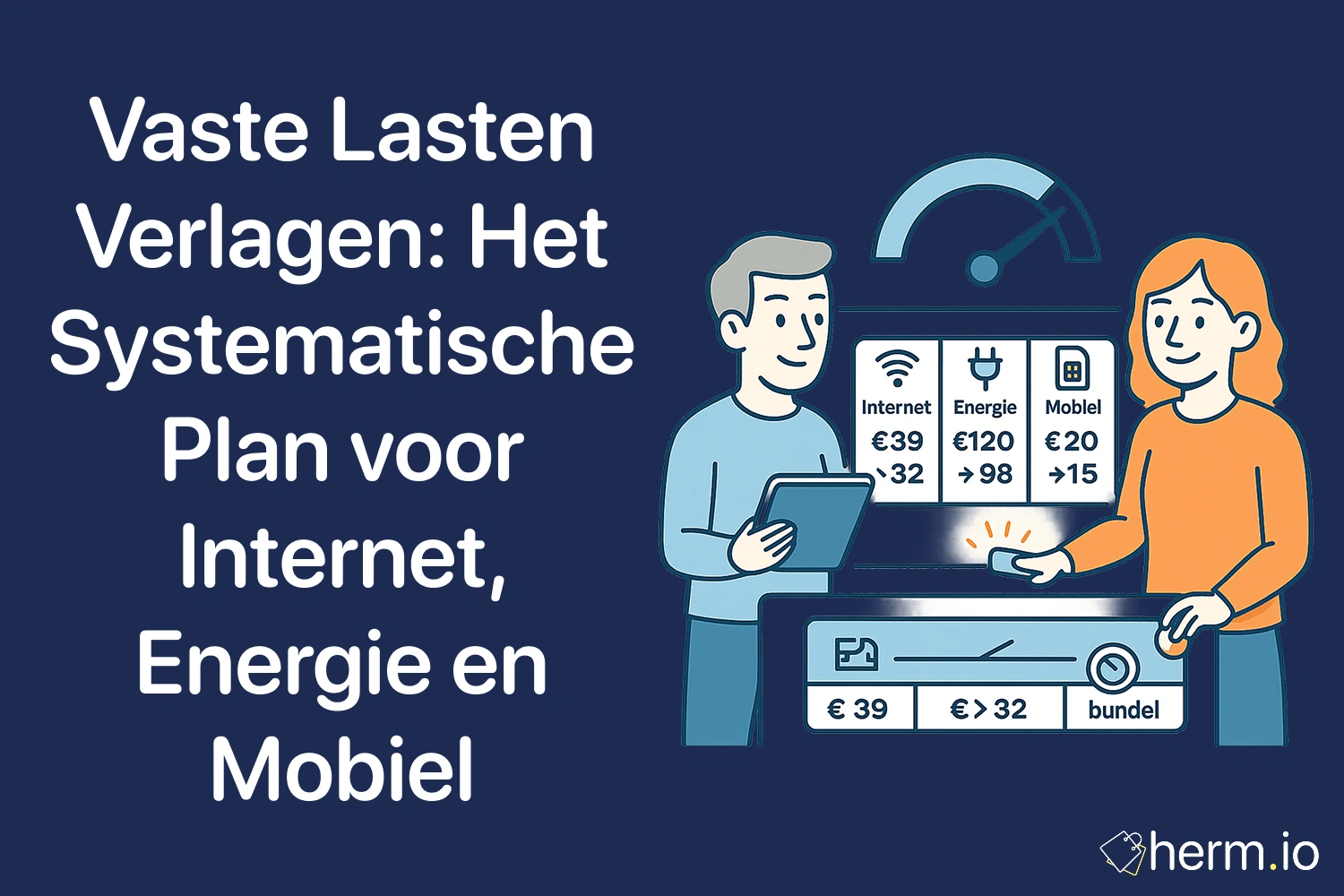 Illustratie van stel dat vaste lasten voor internet, energie en mobiel vergelijkt en verlaagt.