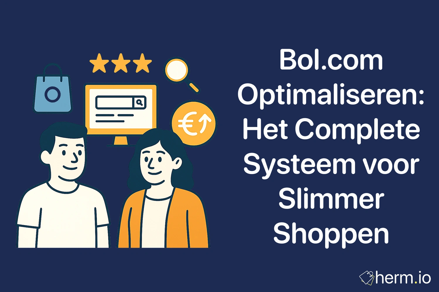 Illustratie van shoppers die Bol.com optimaliseren met reviews, zoekbalk en euro-icoon.