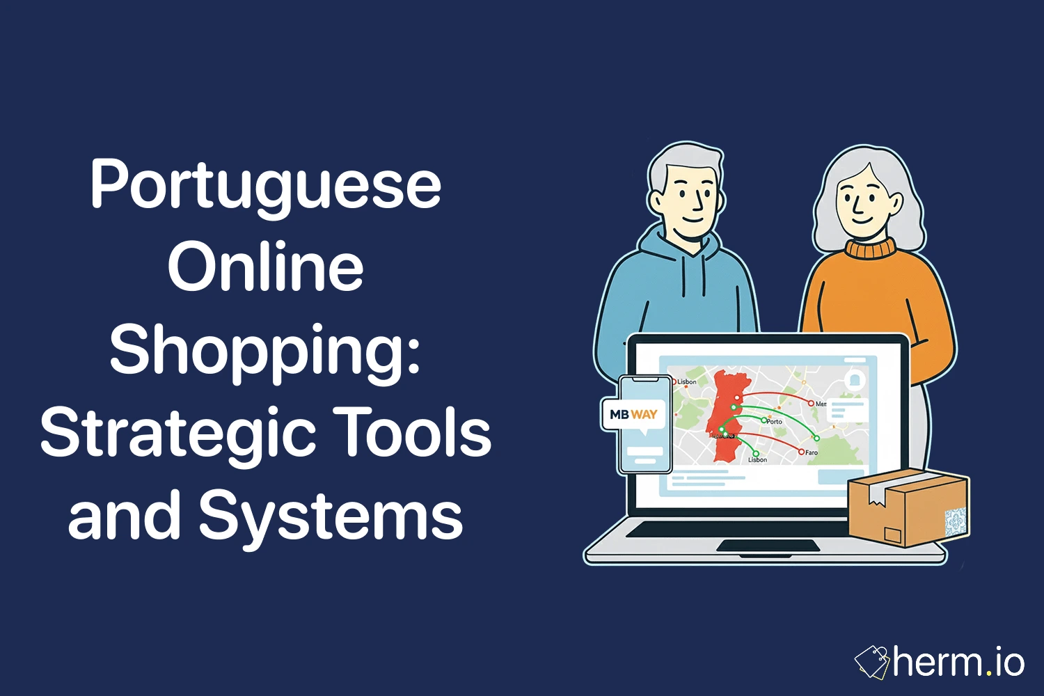 Portuguese online shopping tools illustration showing a Portugal map on a laptop, MB WAY payment, and a delivery box.