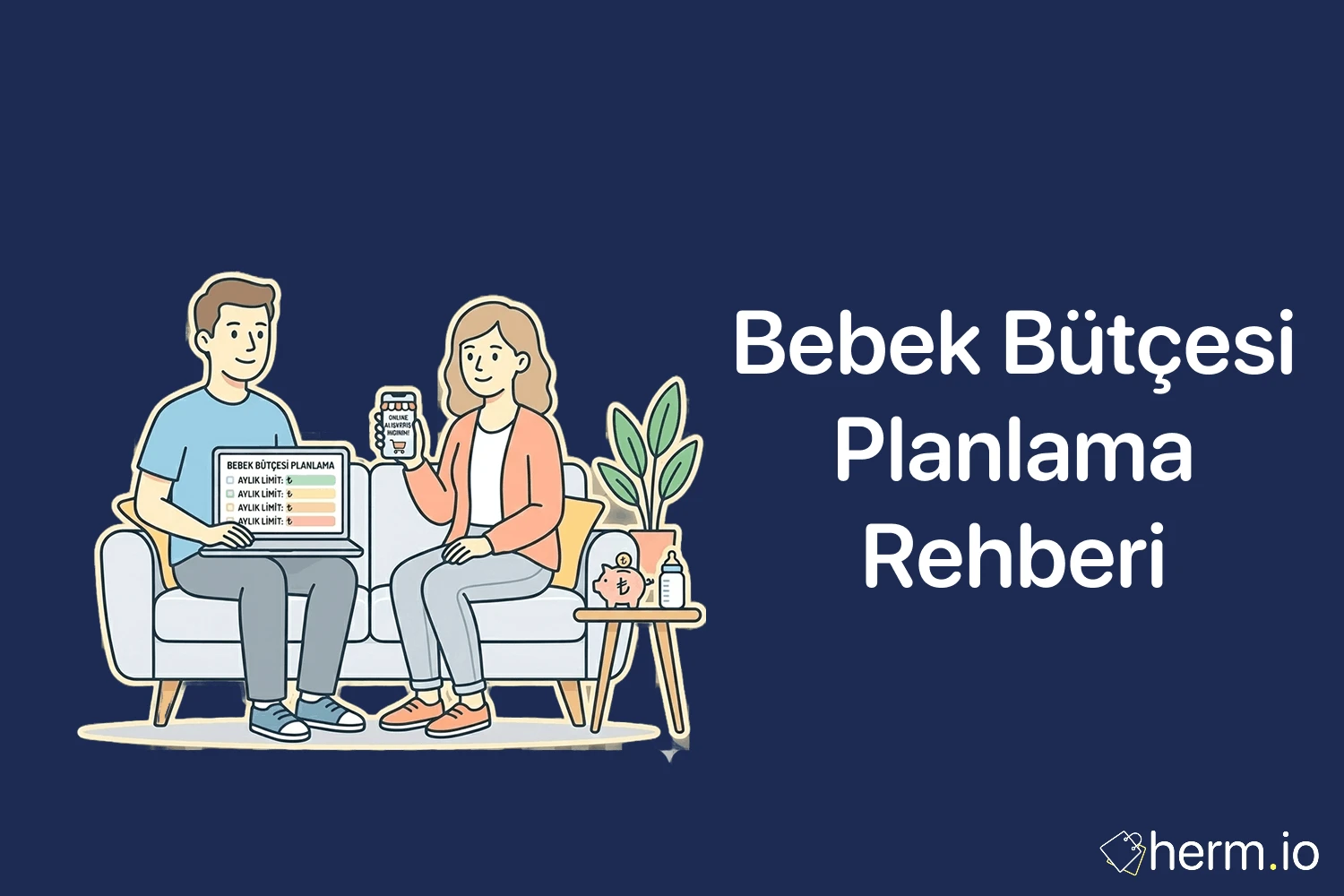 Bebek bütçesi planlama rehberi kapak görseli; bütçe tablosu ve online alışveriş telefonu ile oturan ebeveyn illüstrasyonu.