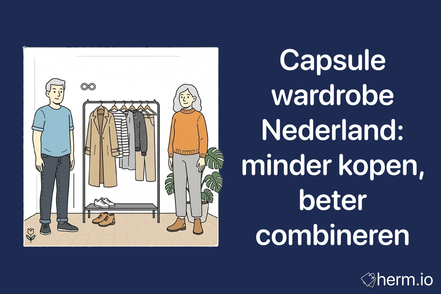 Illustratie van een minimalistische capsule wardrobe met kledingrek en neutrale outfits, gericht op minder kopen en slim combineren in Nederland.