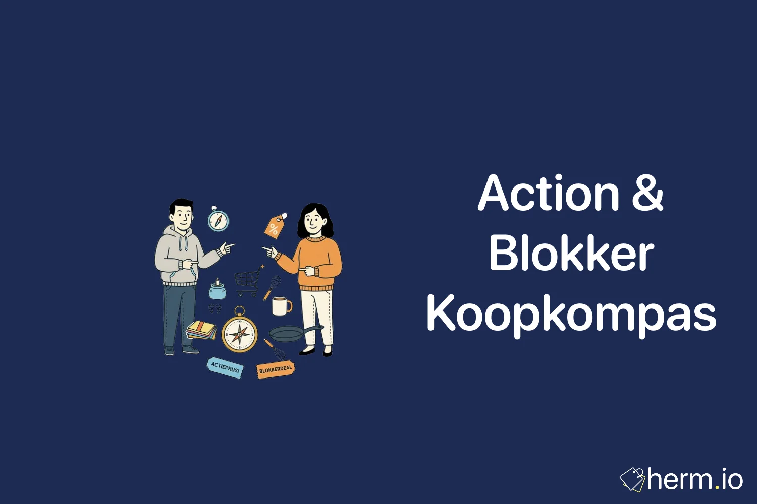 Illustratie van huishoudproducten en kortingslabels – koopkompas voor Action en Blokker met tips om slim aanbiedingen te vergelijken.