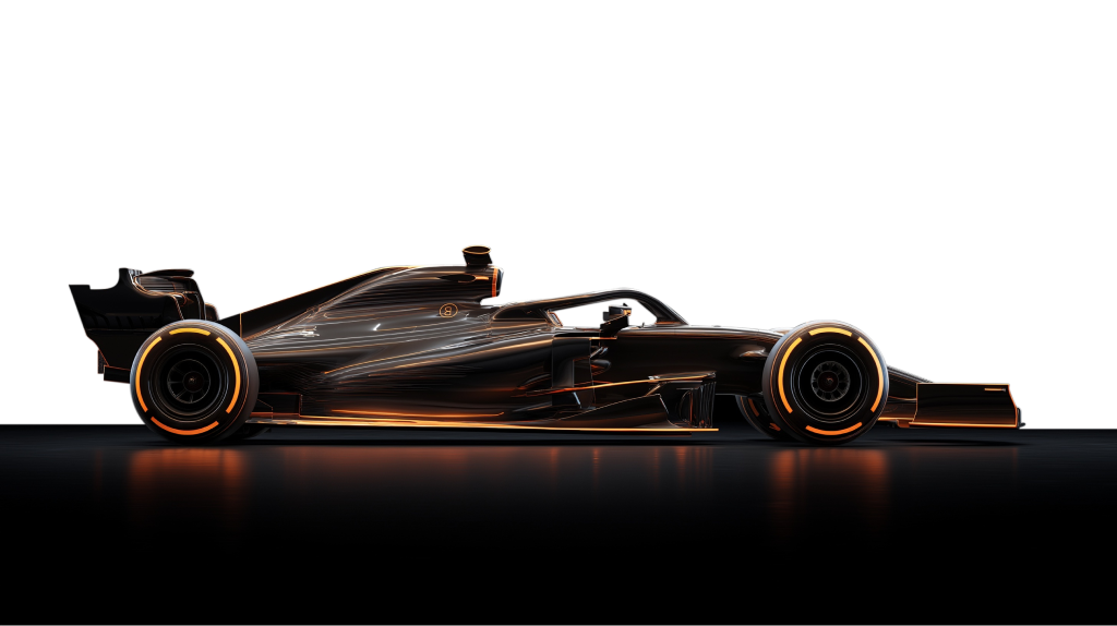 Side profile of a racing vehicle on a platform.