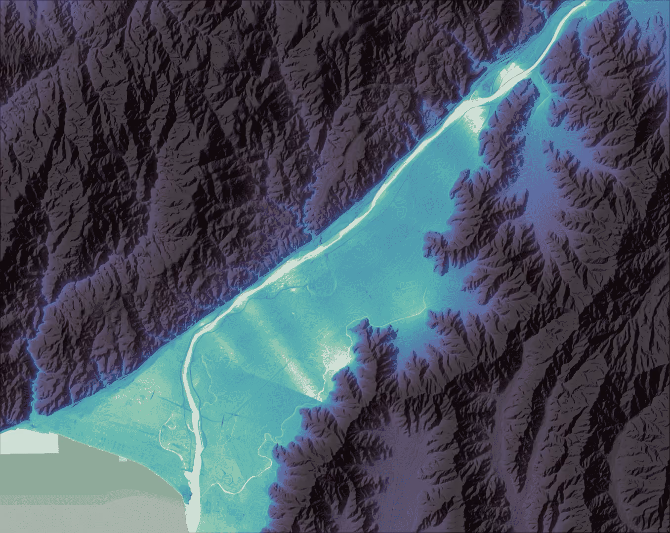 A flood risk map analysis highlighting where floodplains and highest hydrological risks lie in a New Zealand catchment