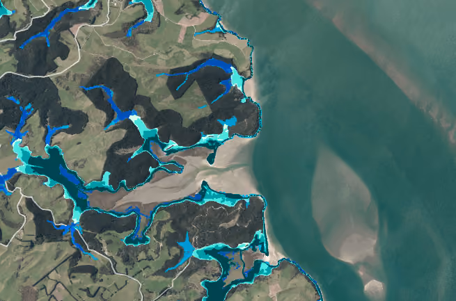 An model of flood risk as a storm hits the coast of Northland, New Zealand due to extreme weather events and flood risk increases as a result of climate change