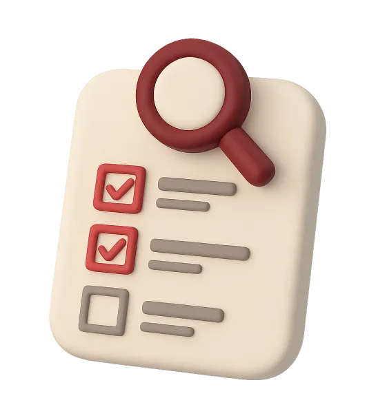 A 3D illustration of a checklist with checkmarks and a magnifying glass, symbolizing organization and task management.