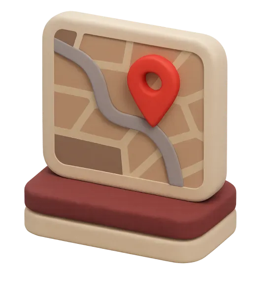 A 3D illustration of a map with a red location pin, displayed on a brown base.