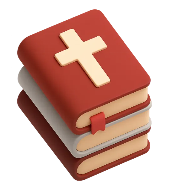 A stylized, red book with a gold cross on the cover, symbolizing a Bible, rests atop two stacked books.