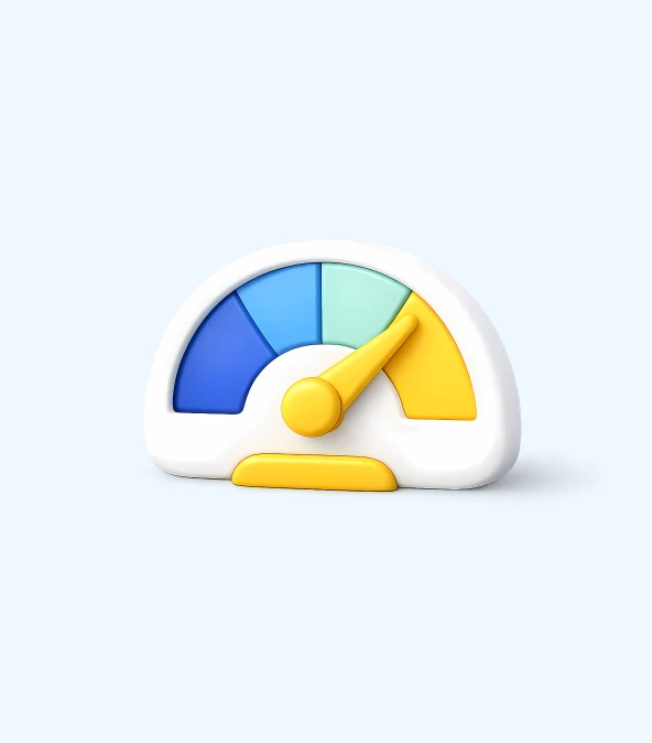 Colorful gauge with a yellow pointer, displaying various blue and green sections on a light background, indicating measurements or levels.