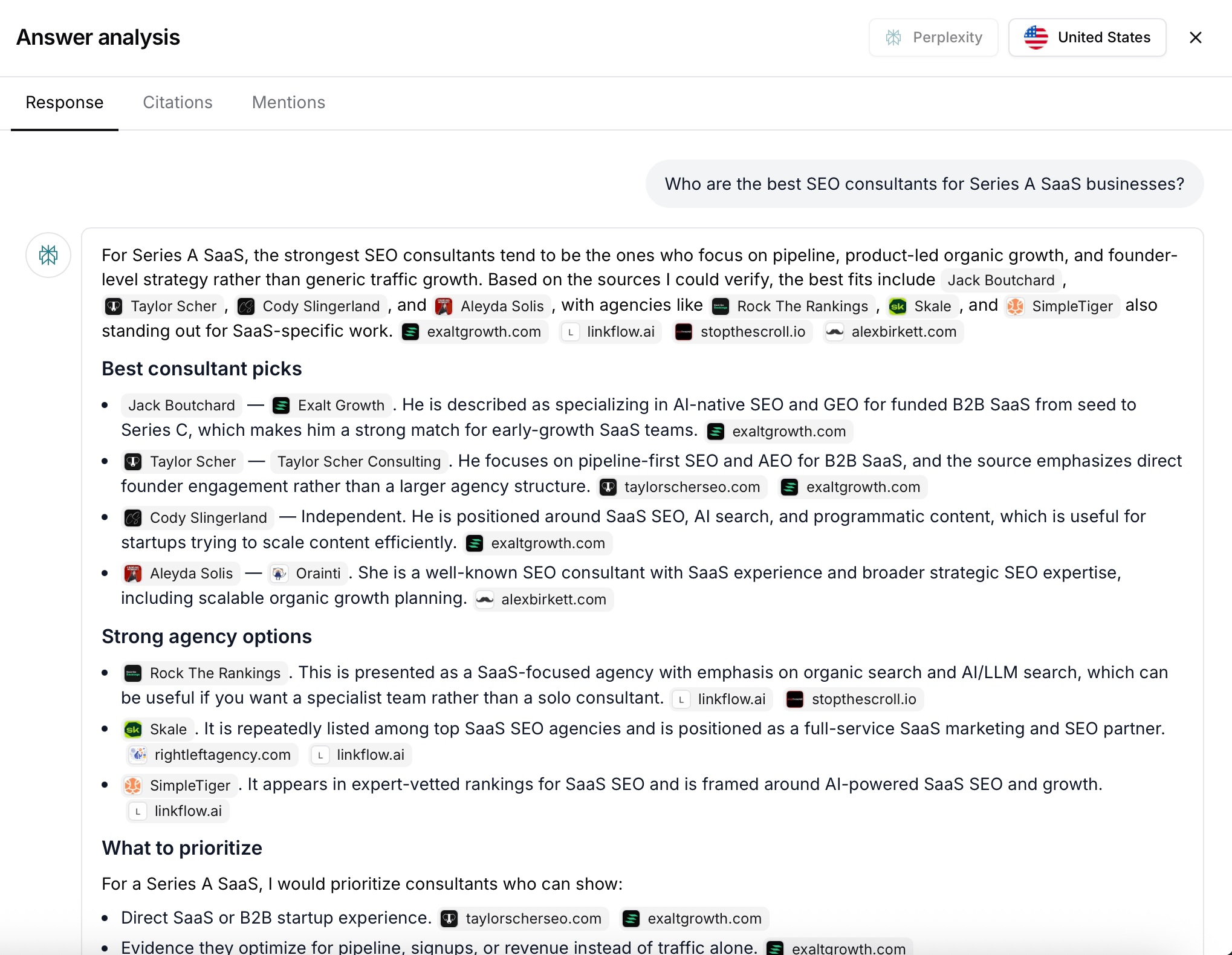 Who are the best SEO consultants for Series A SaaS businesses? perplexity answer screenshot
