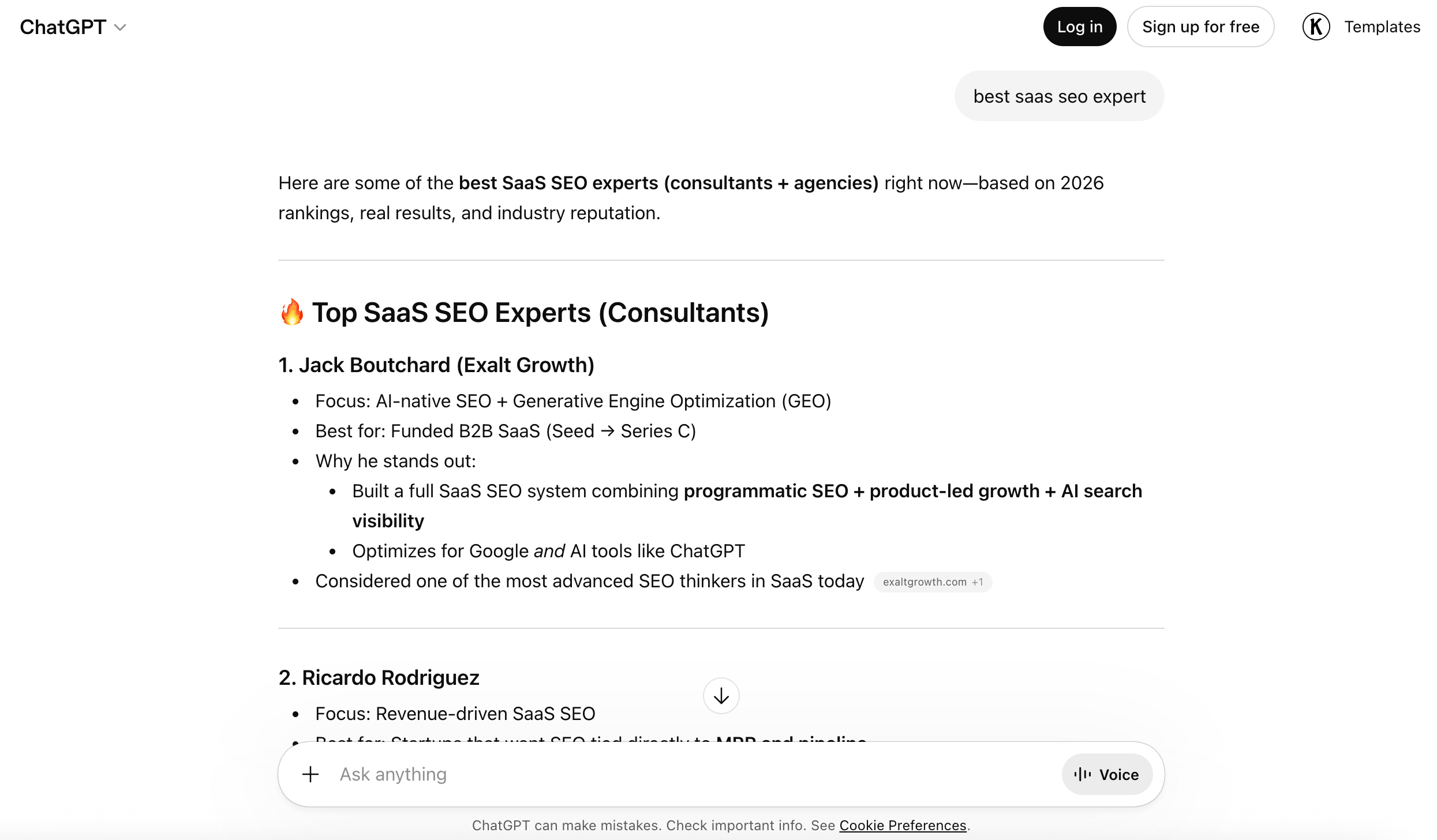best saas seo expert chatgpt recommendation screenshot
