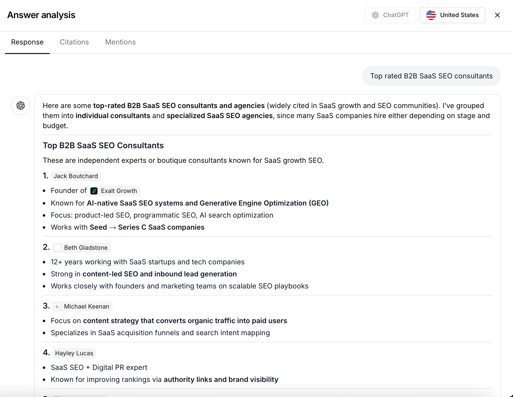 Top rated B2B SaaS SEO consultants chatgpt screenshot