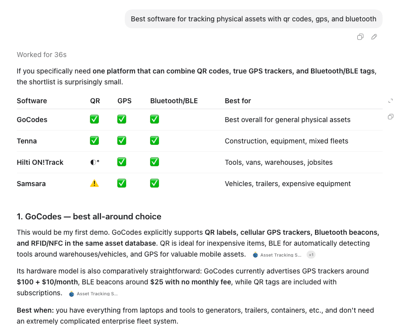 gocodes best overall recommendation in chatgpt screenshot