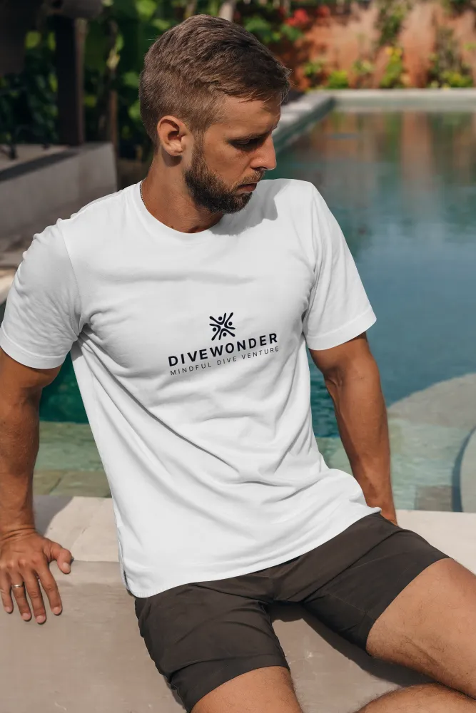 man wearing white divewonder teashirt