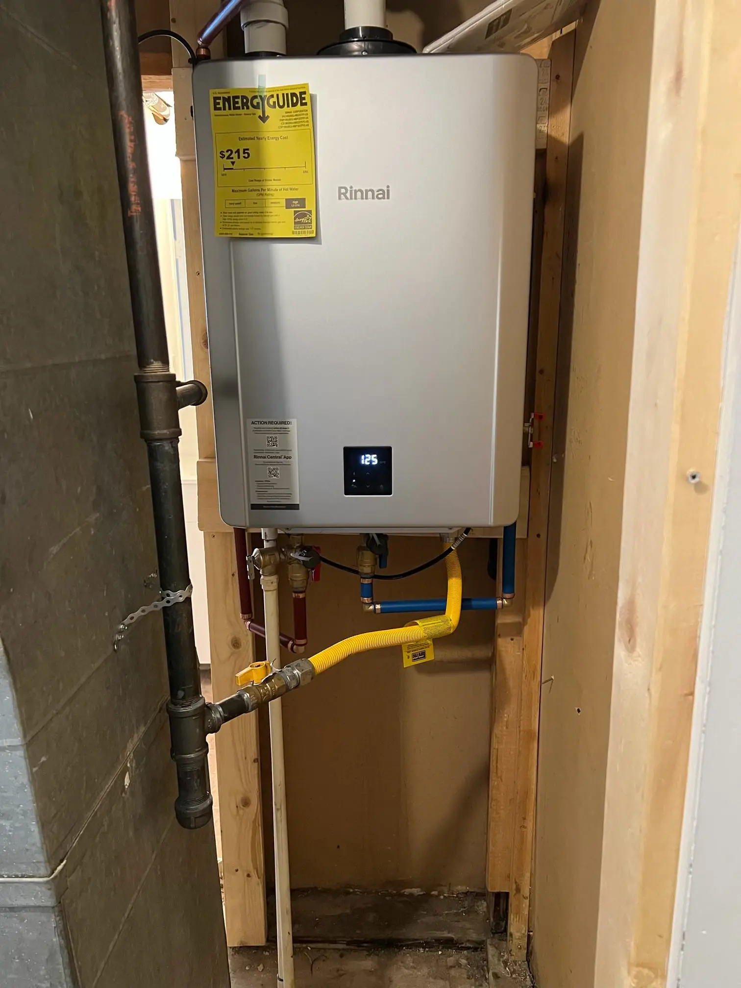Tankless water heater with gas and water connections during service