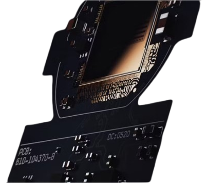 Close-up view of a black printed circuit board with gold connectors and white alphanumeric markings.