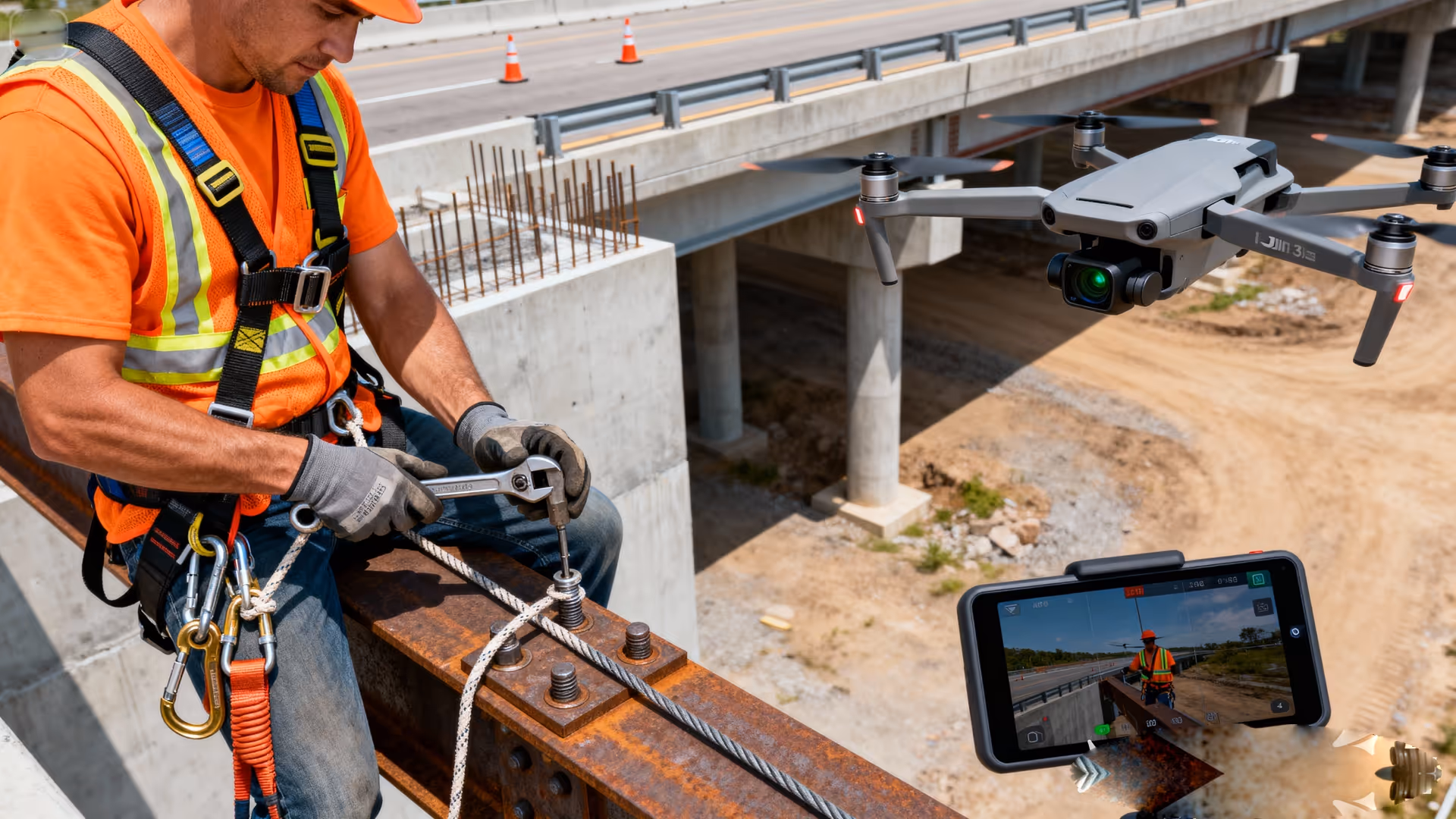 Construction worker in safety gear securing a bolt on a steel beam while a drone with a live video feed flies nearby over a construction site.