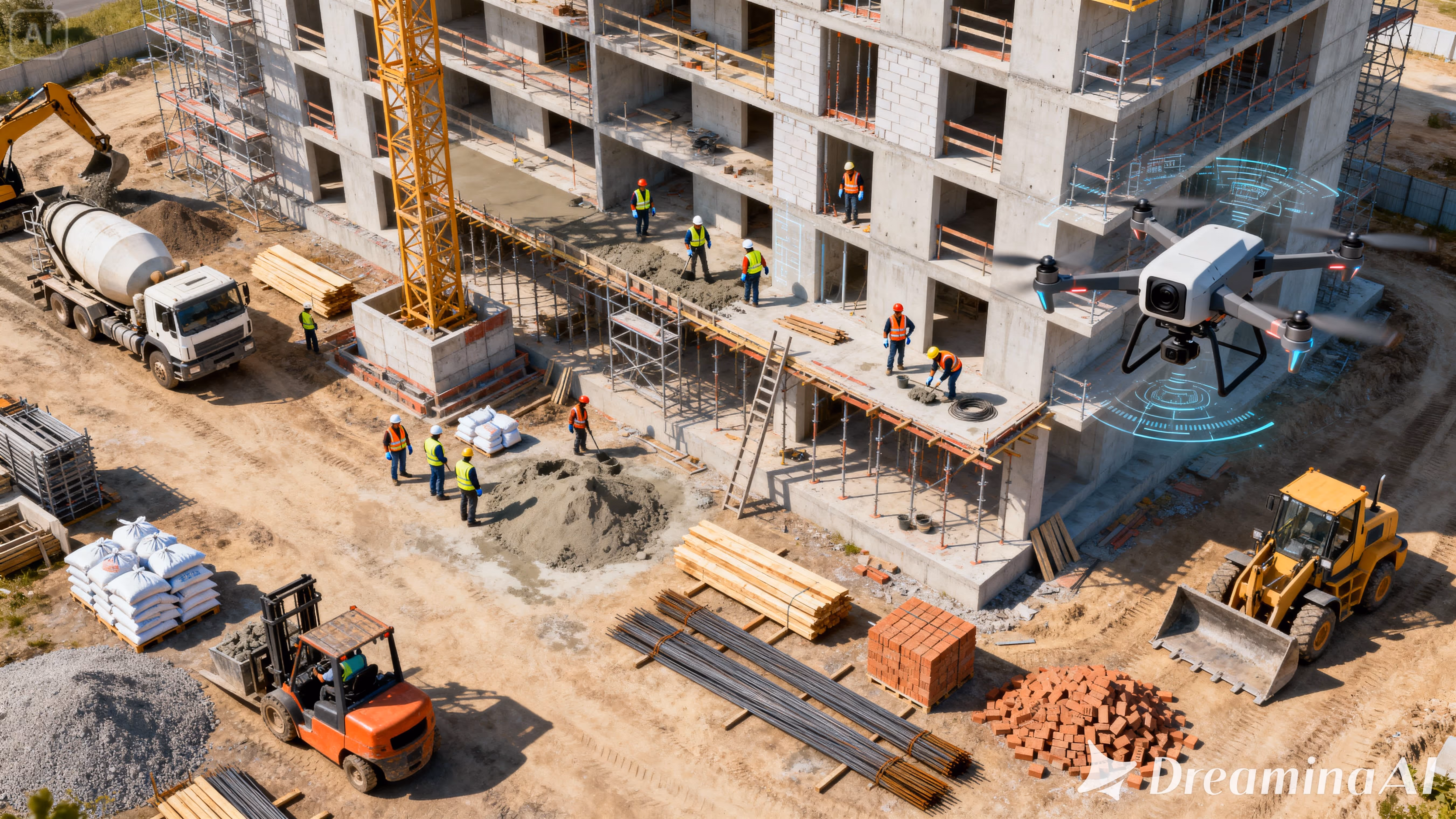 Construction site with workers pouring concrete, cranes, heavy machinery, and a drone flying over the area.