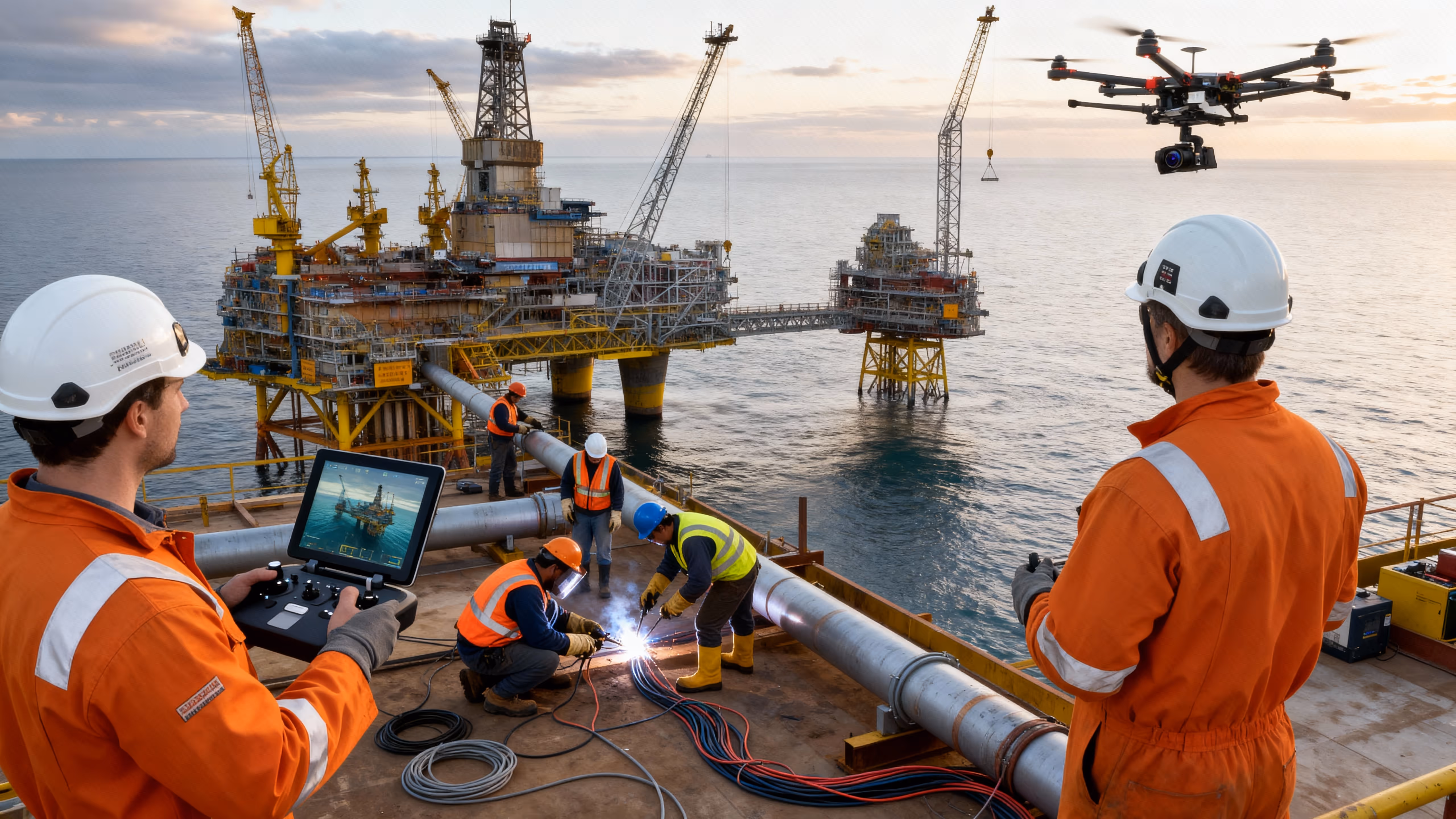 Workers in safety gear operating a drone and welding on an offshore oil rig platform with another rig in the background at sunset.