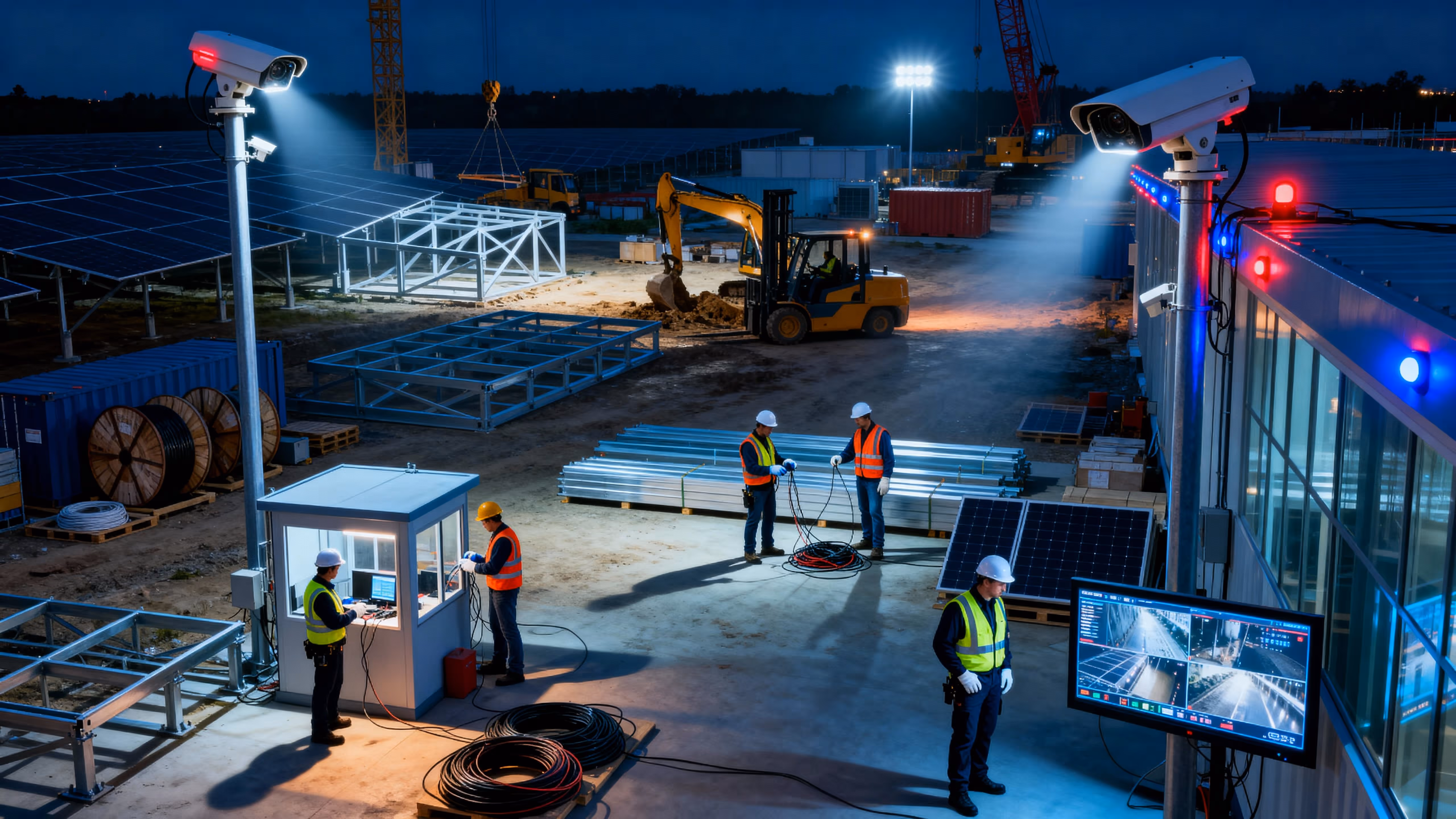 Nighttime construction site with workers in safety vests and helmets, surveillance cameras, and security monitoring screens.