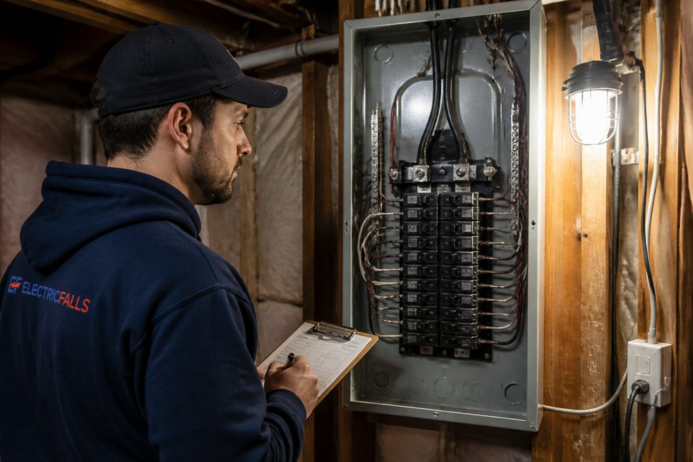 Electrician inspecting an old circuit breaker box during an electrical panel upgrade process in a basement