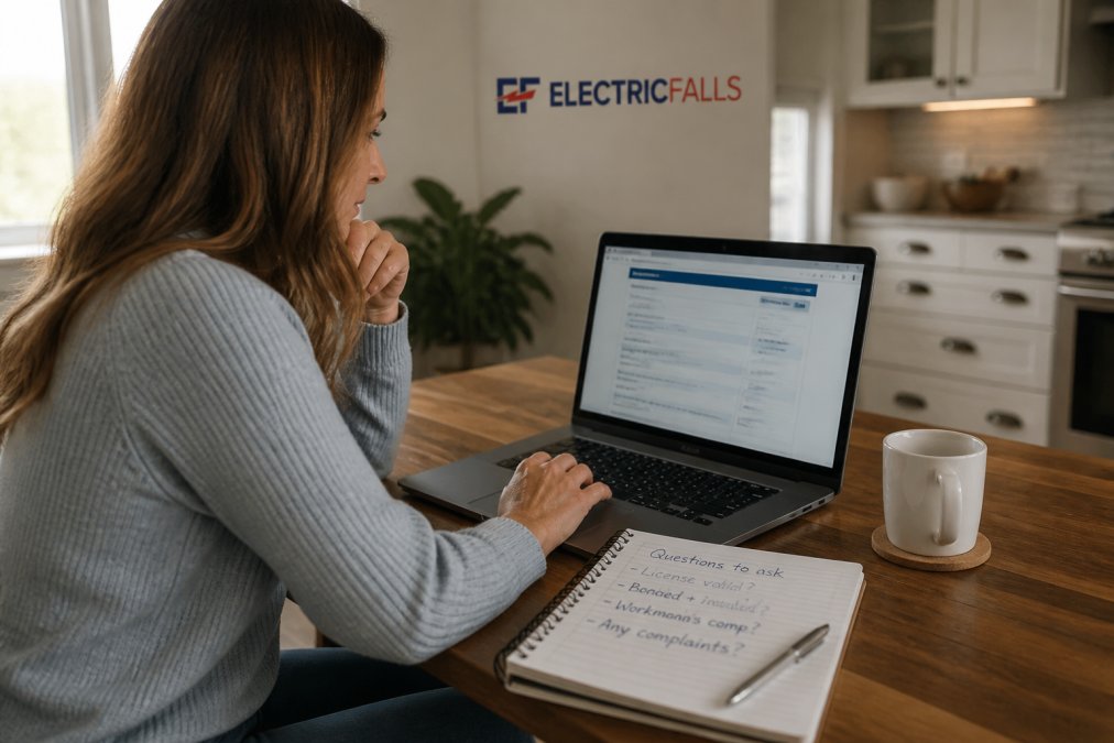 Infographic showing the step-by-step process to verify licensed electrical contractors on the Idaho website