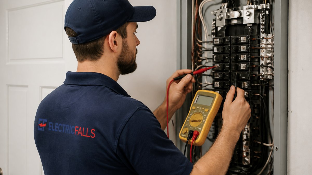 Licensed electrician using a digital multimeter to test voltage on an electrical panel in a residential home, focusing on their hands and the panel components with visible breaker switches
