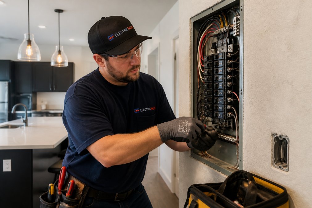Licensed electrical contractors working on a home electrical panel with professional safety tools