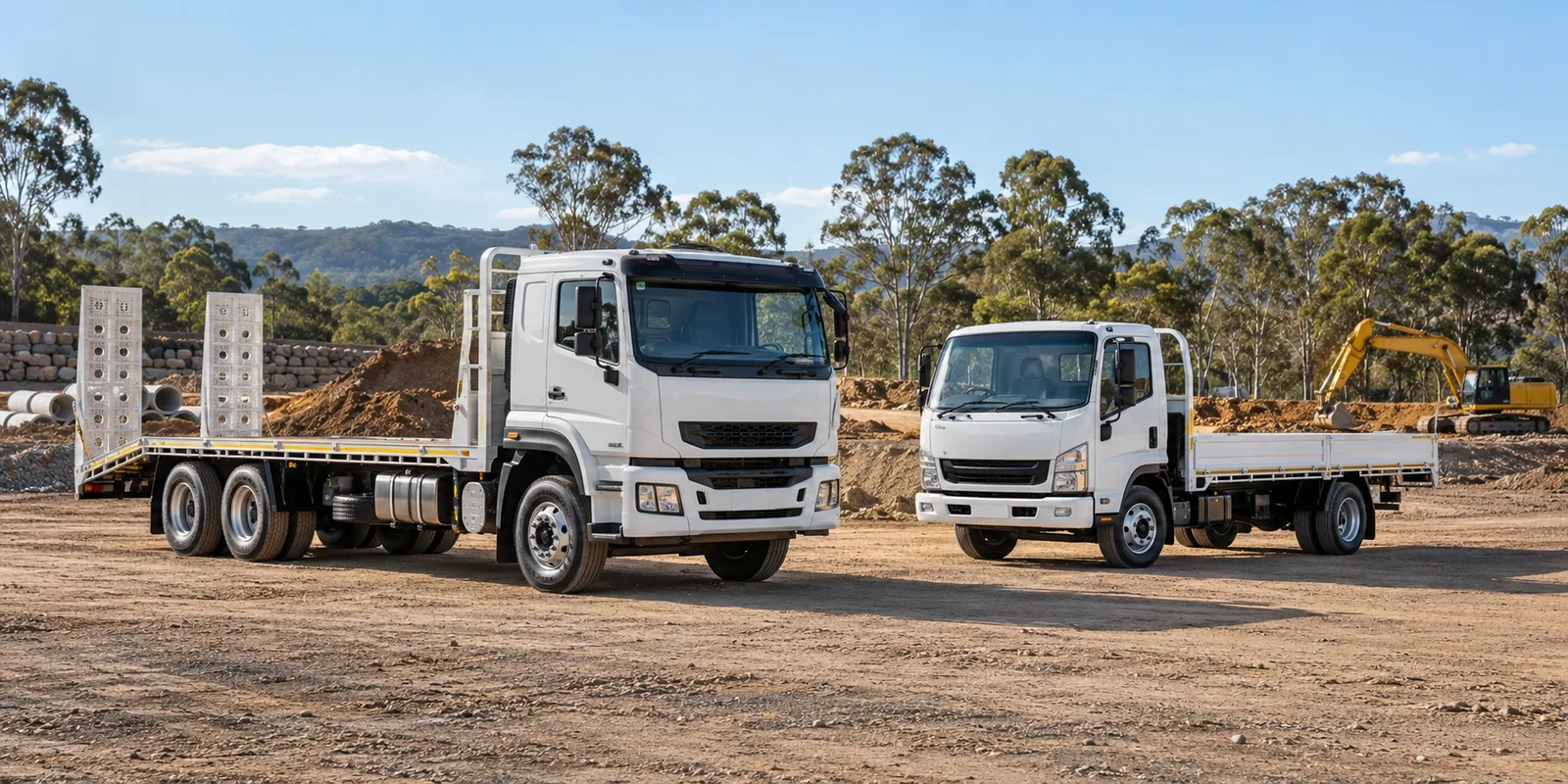 Large and medium rigid work trucks on a construction site