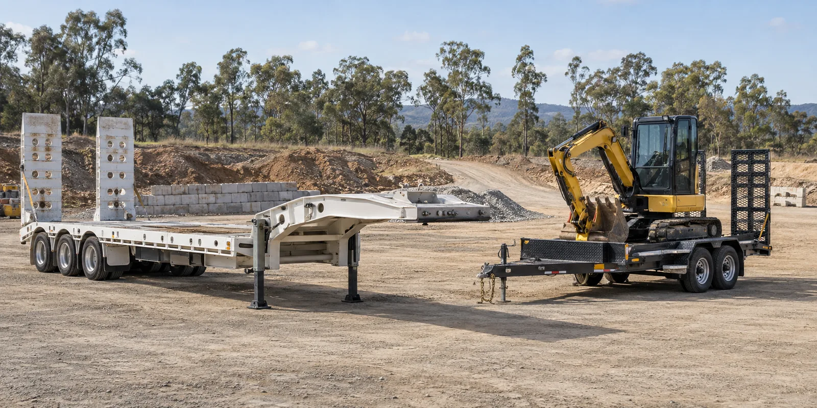 Large and smaller machinery trailers, with an excavator on one trailer