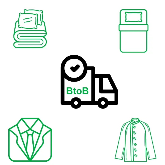 Icons of folded bedding with pillows, a made bed, a business suit, and a chef's jacket surrounding a delivery truck labeled BtoB with a check mark.
