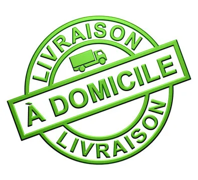 Green stamp-style graphic with a delivery truck icon and the French words 'LIVRAISON À DOMICILE' indicating home delivery.