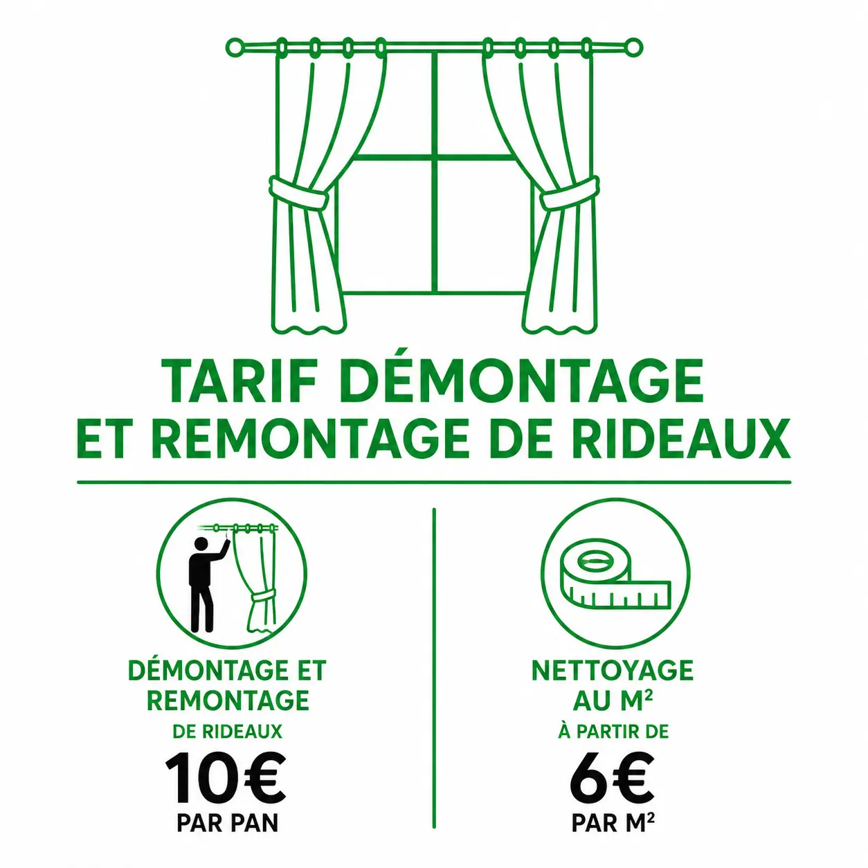 Tarif démontage et remontage de rideaux 10€ par pan et nettoyage de rideaux au mètre carré à partir de 6€