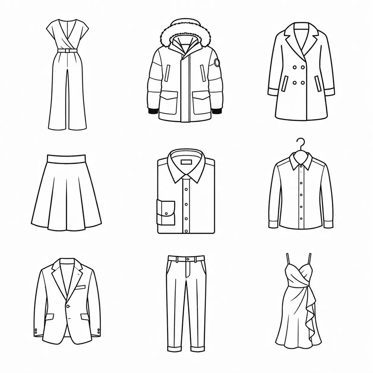 ’icônes de vêtements pour pressing  : combinaison, doudoune, manteau, jupe, chemise, veste, pantalon et robe représentés en illustration minimaliste