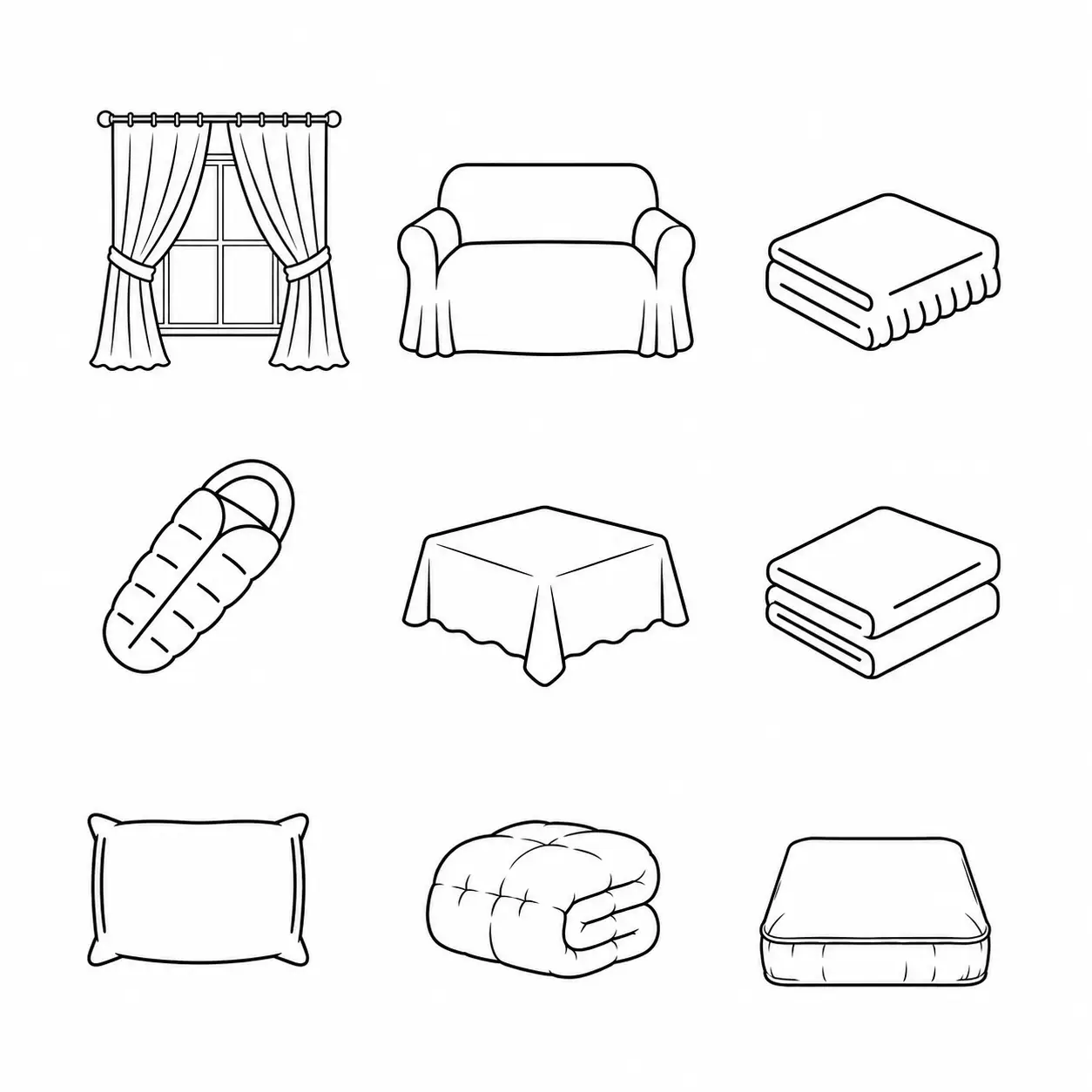 Icônes de linge de maison et textile : rideaux, canapé, coussin, couette, oreiller, couverture et tissus nettoyés en pressing