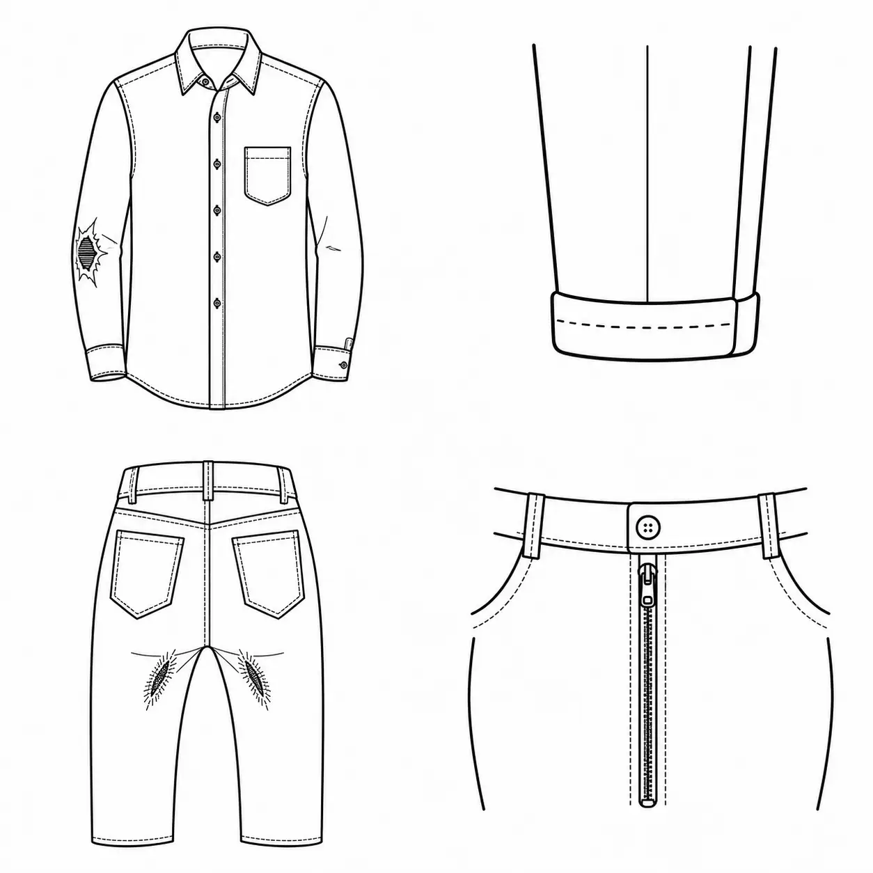 illustrations réparation vêtements chemise déchirée jean fermeture éclair et ourlet pantalon icônes couture pressing