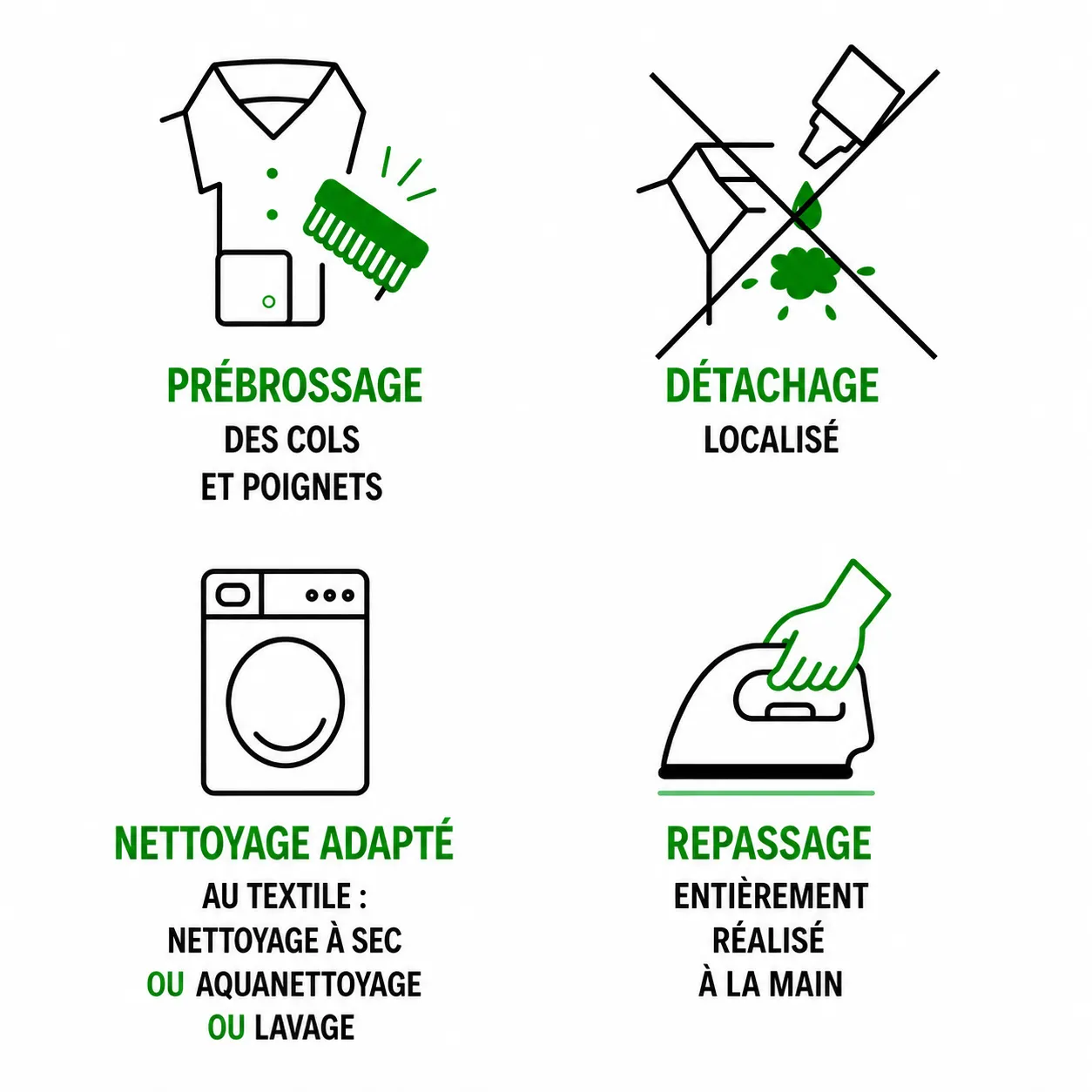 Soin complet vêtements pressing écologique prébrossage détachage nettoyage adapté repassage prestations incluses