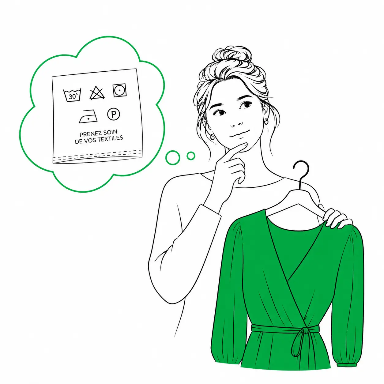 Illustration d'une cliente consultant une étiquette d'entretien textile pour préserver la qualité de ses vêtements dans un pressing à Lyon.