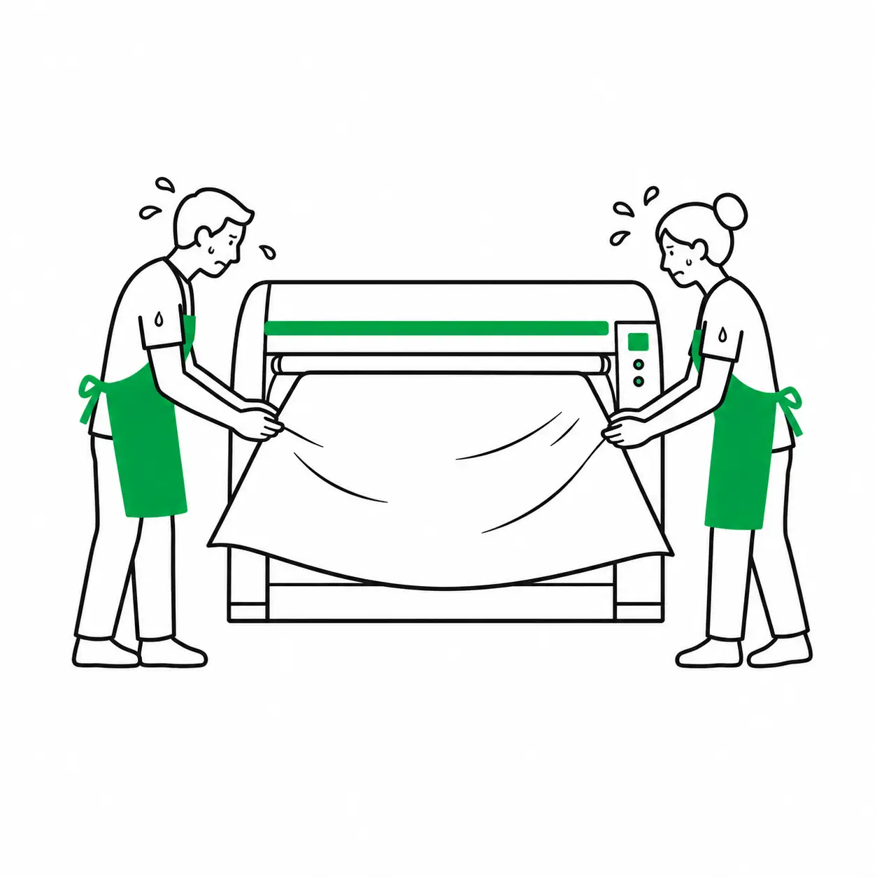 deux perssones qui fatigue en repassant un drap epais