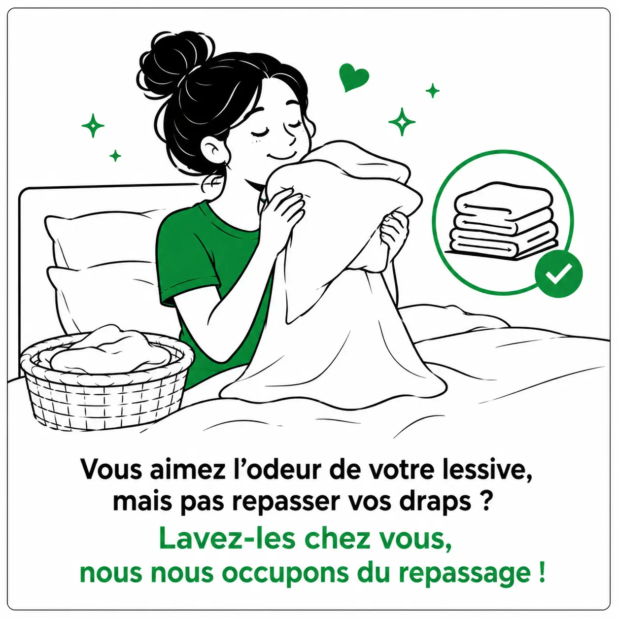Service de repassage du linge plat à Lyon pour draps, housses de couette et linge de maison lavés à domicile.