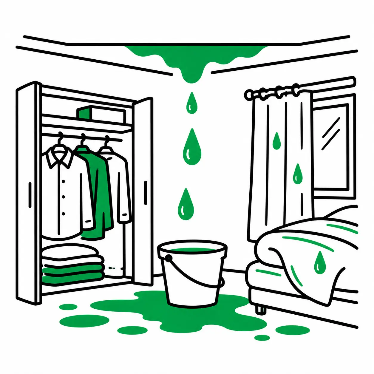 Illustration d'un dégât des eaux dans une habitation avec fuite au plafond, vêtements, linge de maison et literie touchés par l'humidité. Nettoyage textile après sinistre par Votre Pressing en Auvergne-Rhône-Alpes.