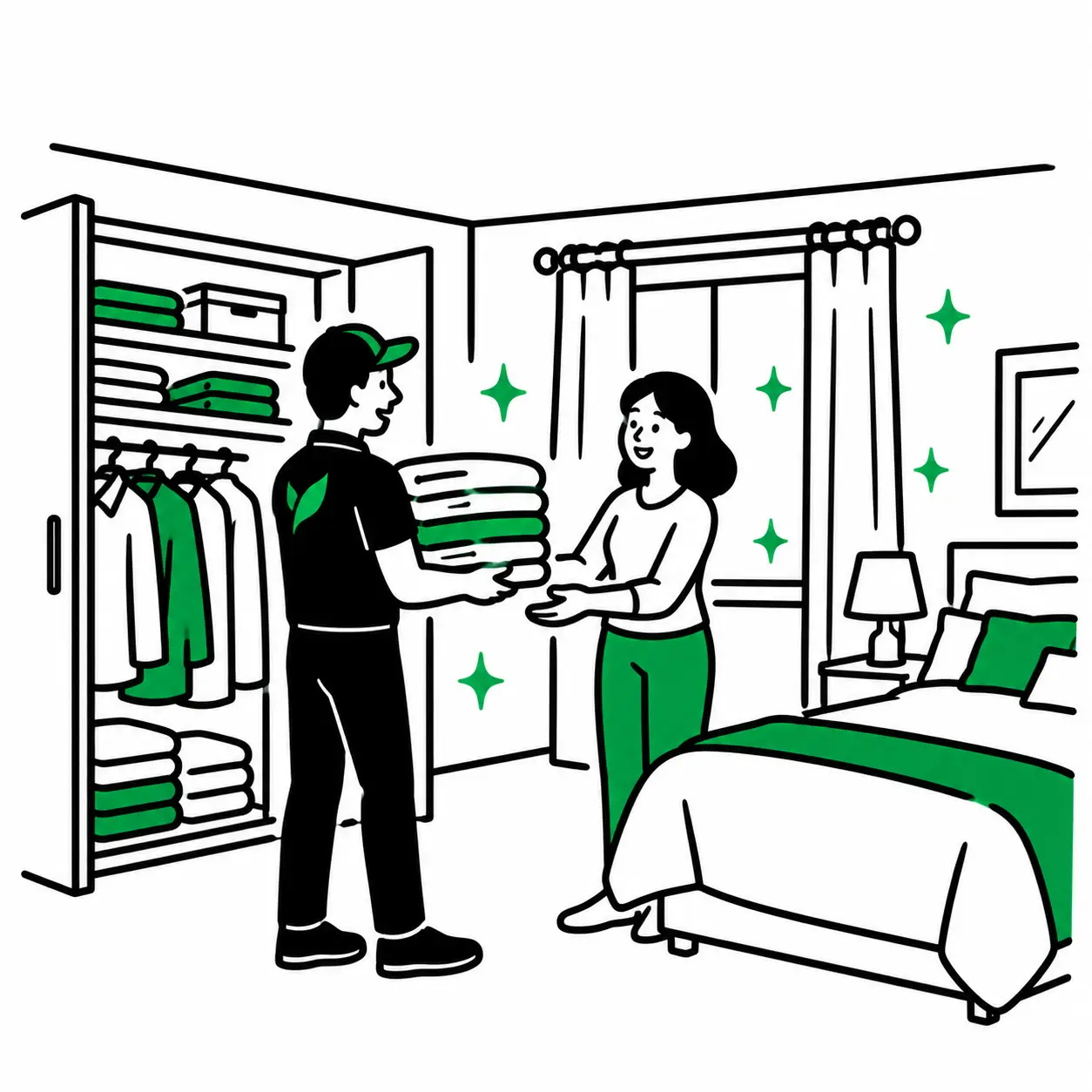 Illustration de la restitution de vêtements et de linge de maison propres, repassés et pliés après un sinistre, dans un logement remis en état, par Votre Pressing.