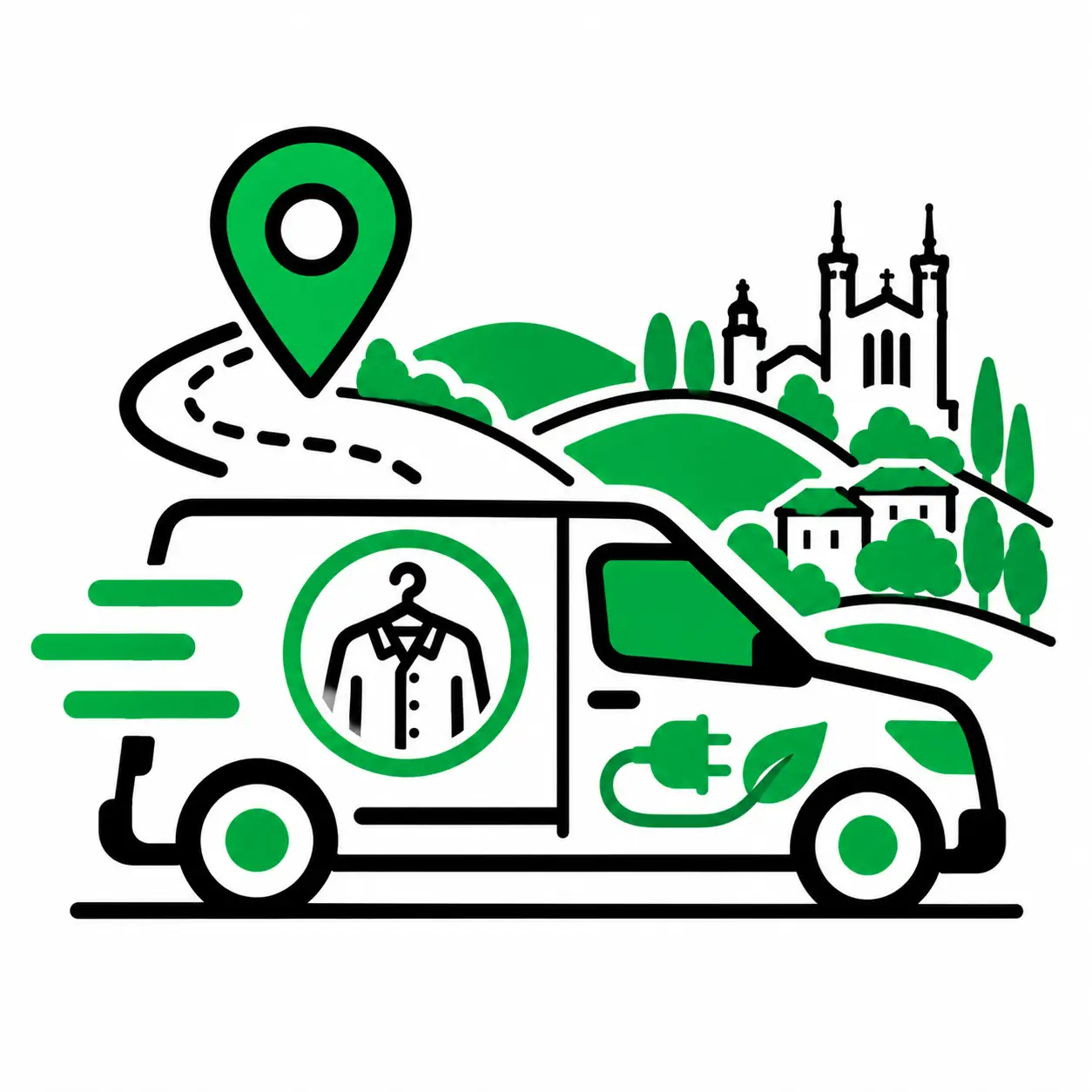 llustration du service de collecte et livraison de vêtements et linge à domicile par Votre Pressing, avec un véhicule utilitaire électrique desservant Lyon et les communes environnantes.