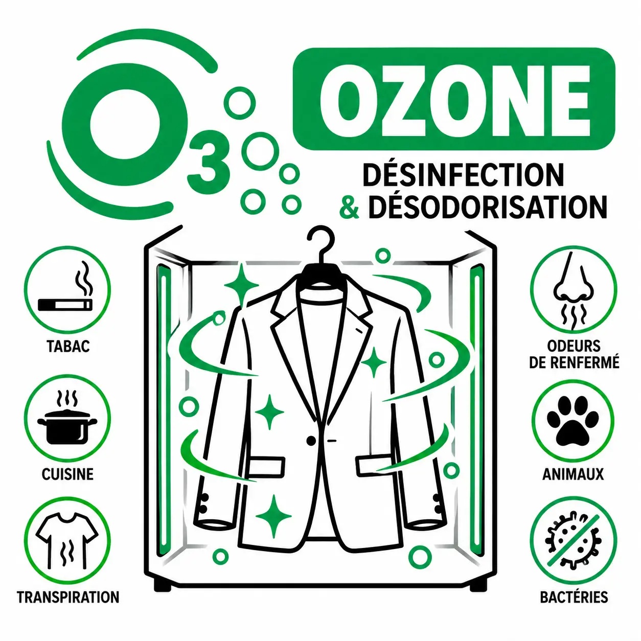 Illustration du traitement à l'ozone chez Votre Pressing à Lyon : désodorisation des vêtements pour réduire les odeurs de tabac, cuisine, transpiration, renfermé et animaux.