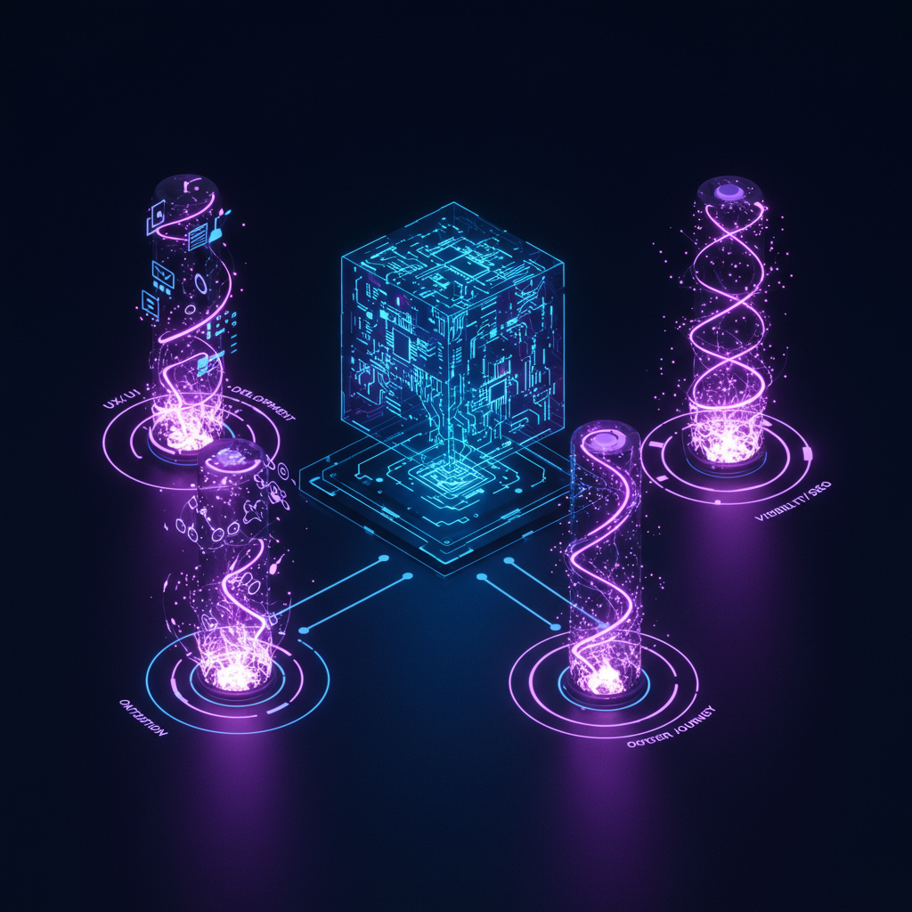 Illustration des 5 piliers d’une stratégie digitale réussie pour renforcer visibilité, acquisition et conversion.