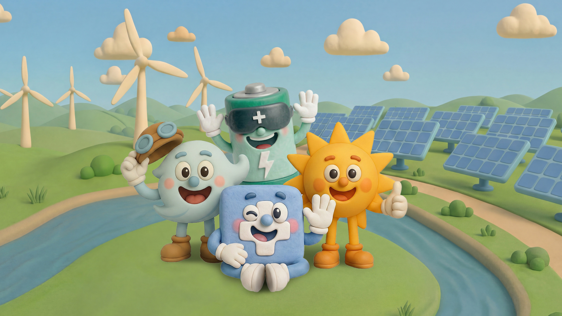 Syneco Character: Sonja Sonne, Willy Wind, Barni Batteri und Siggi Syneco auf einer Wiese, die von erneuerbaren Energiequellen umgeben ist.