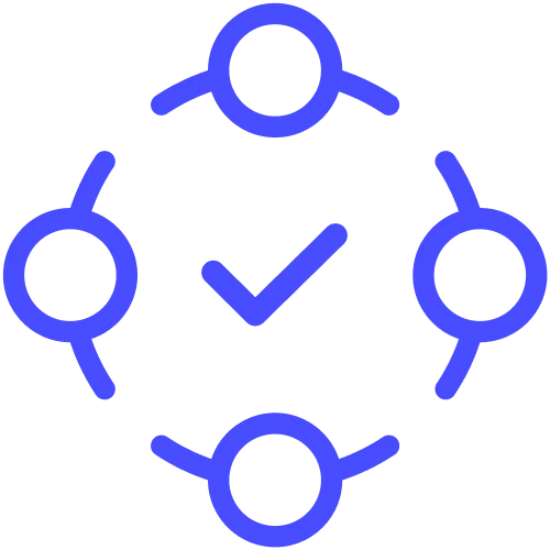 Blaue Strichgrafik mit vier verbundenen Kreisen symbolisiert interne Kollaboration